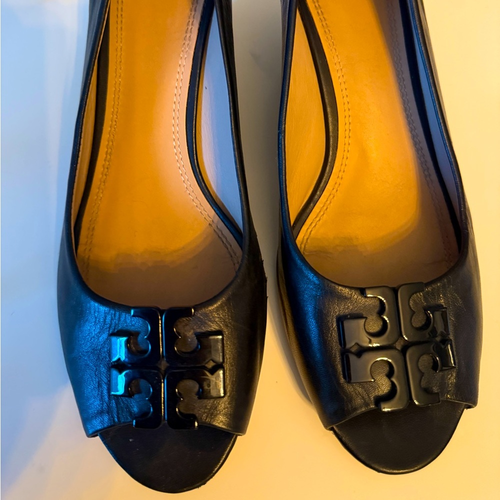 Black Leather Peep-Toe Flats